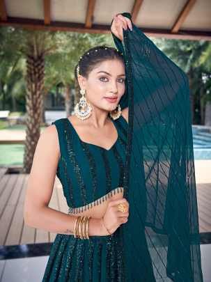 Rama Green Sequence Flared  Lehenga Choli For Festive Season