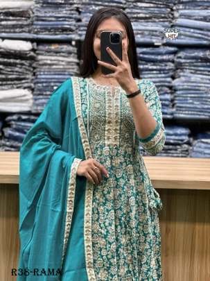 Rama Hand Block Printed Cotton Anarkali Kurti