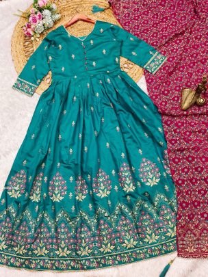 Rama Roman Silk Designer Kurti With Chinon Dupatta