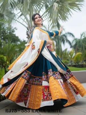 Rama White Silk Navratri  Lengha Choli With Real Mirror Work and Attached Dupatta