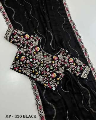 Rangoli Black  Sequins Embroidery Work Stitched Blouse Bollywood Saree