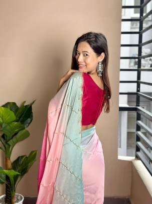 Rani Colour Digital Print  Georgette Satin Saree