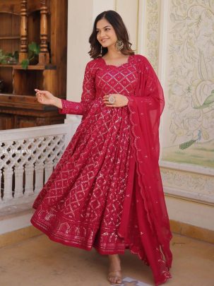 Rani Pink Checks Pattern Georgette Gown with Dupatta 