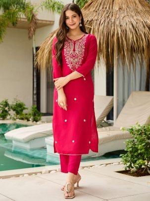 Rani Pink Embroidered Viscose Kurta Set with Jacquard Dupatta