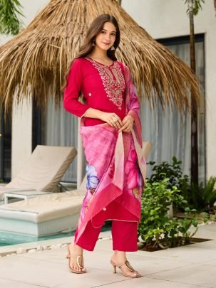 Rani Pink Embroidered Viscose Kurta Set with Jacquard Dupatta