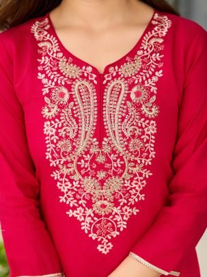 Rani Pink Embroidered Viscose Kurta Set with Jacquard Dupatta