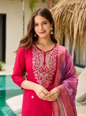 Rani Pink Embroidered Viscose Kurta Set with Jacquard Dupatta