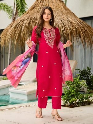 Rani Pink Embroidered Viscose Kurta Set with Jacquard Dupatta
