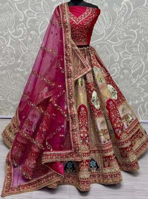 Rani Pink Silk Fabric Dori Embroidery Work Peacock Print Wedding Lehenga