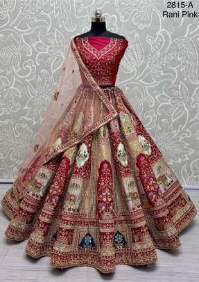 Rani Pink Silk Fabric Dori Embroidery Work Peacock Print Wedding Lehenga