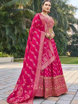 Rani pink Viscose Jacquard Silk Lehenga Choli Set