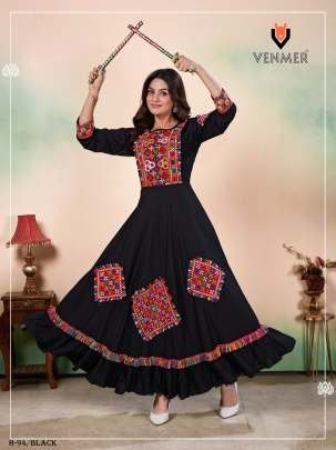 Rayon Anarkali Black Color Kurtis with Gamthi Work