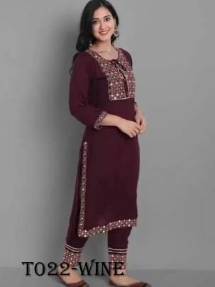 Rayon Embroidery Wine Kurti Pant Set With Dupatta