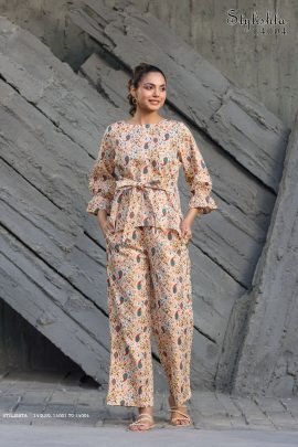 Ready Made Digital Printed Cotton Co Ord Set in Off White color