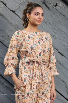 Ready Made Digital Printed Cotton Co Ord Set in Off White color