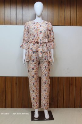 Ready Made Digital Printed Cotton Co Ord Set in Off White color