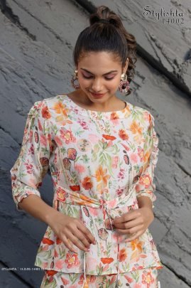 Ready Made Digital Printed Cotton Co Ord Set in Off White color