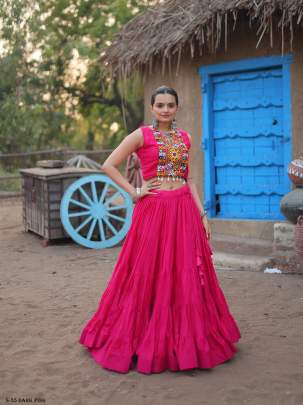 Ready Made Rayon Dark Pink Navratri Lehenga Blouse Koti Set