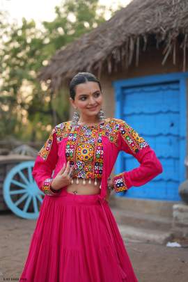 Ready Made Rayon Dark Pink Navratri Lehenga Blouse Koti Set