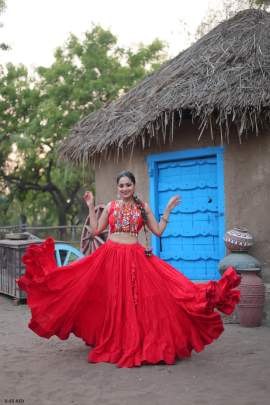 Ready Made Rayon Red Navratri Lehenga Blouse Koti Set