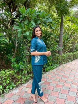 Readymade Co-Ord Set with Sea Blue Cotton Print for Trendy Party Wear