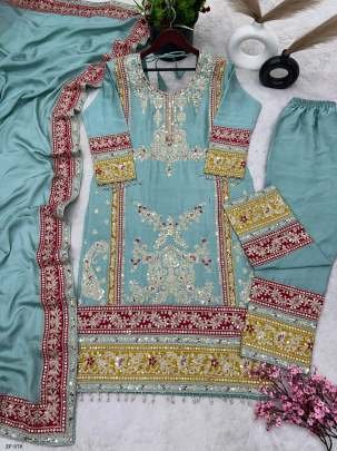 Readymade Pure Chinon Silk Embroidered Suits