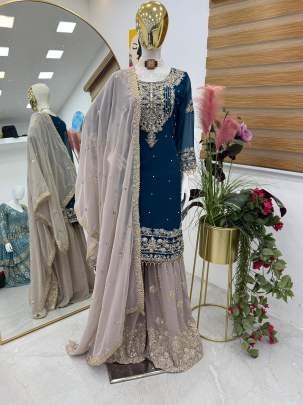 Real Mirror Work Rama Top Sharara Dupatta Set