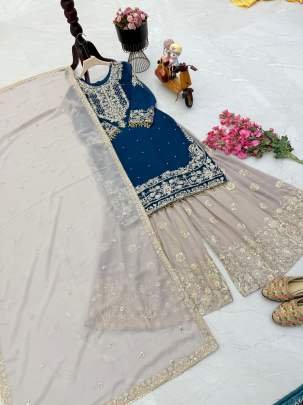 Real Mirror Work Rama Top Sharara Dupatta Set