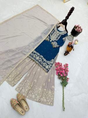 Real Mirror Work Rama Top Sharara Dupatta Set