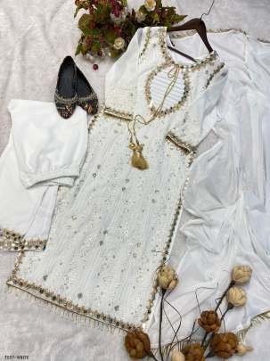 Real Mirror Work  White Georgette Kurti Pant Set