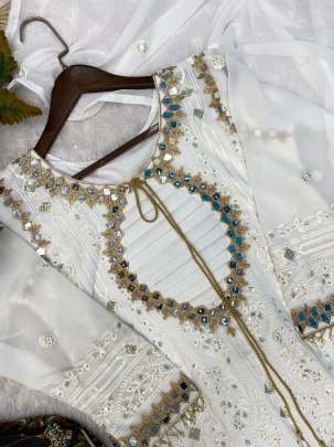 Real Mirror Work  White Georgette Kurti Pant Set