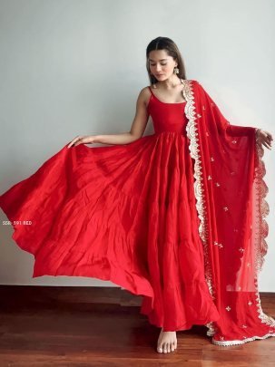 Red Anarkali Faux Georgette Fully Ruffle Flair Gown 