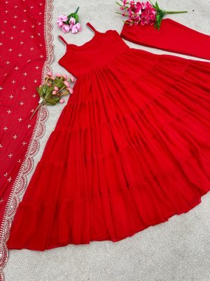 Red Anarkali Faux Georgette Fully Ruffle Flair Gown