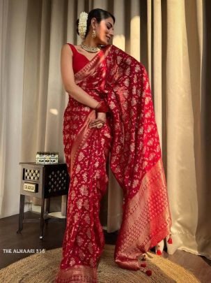 Red Banarsi Soft Silk Saree With Unstich Blouse