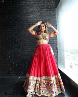 Red Color Digital Printed Mirror Work 4mtr Flair Cotton Navratri Lehenga Choli