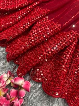 Red Colour Pure Georgette Sequence work Saree With Unstitched Blouse