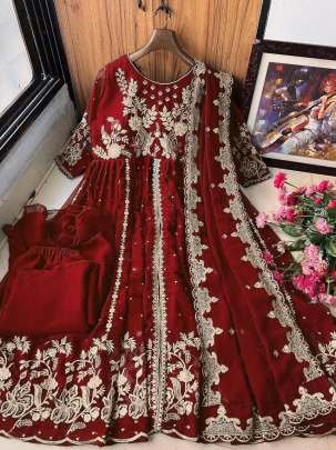 Red Designer Zari Embroidery Work Georgette Gown