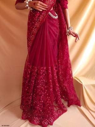 Red Diamond Work Viscose Net Saree