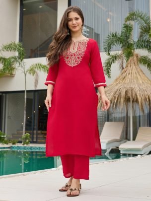 Red Embroidered Kurta Set with Printed Dupatta