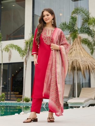Red Embroidered Kurta Set with Printed Dupatta