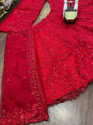 Red Embroidery Sequins Work Net Lehenga Choli With Dupatta