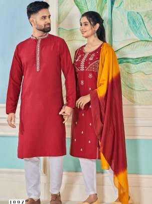 Red Embroidery Work Readymade Couple Combo Set