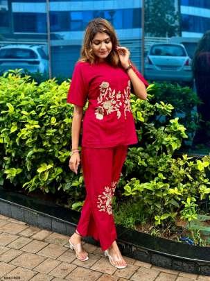 Red Embroidery Work Rich Look Imported Cord Set