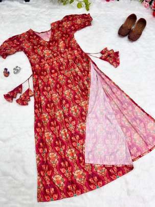 Red Flower Printed Soft Muslin V Neck Western Kurti With Puff Sleeve