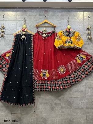 Red Gamthi Work Pure Cotton Chaniya Choli With Yellow Blouse