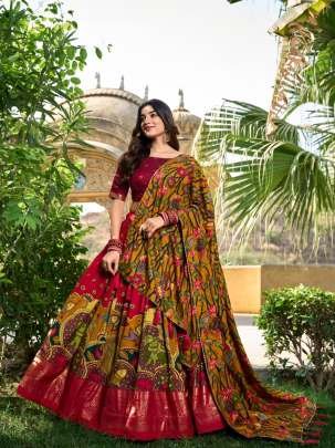 Red Kalamkari Print Tussar Silk Lehenga Choli With Gota Patti Border Dupatta