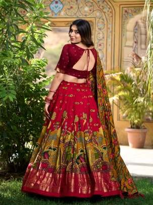 Red Kalamkari Print Tussar Silk Lehenga Choli With Gota Patti Border Dupatta