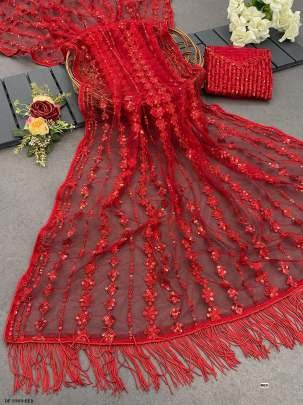 Red Party Wear 5MM Sequins Mono Net Saree