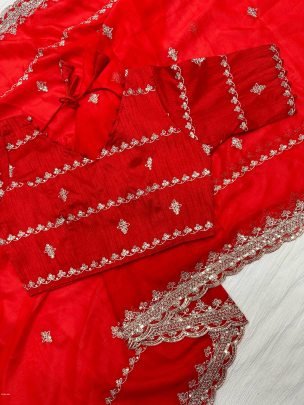 Red Party Wear Embroidery Work Soft Organza Saree