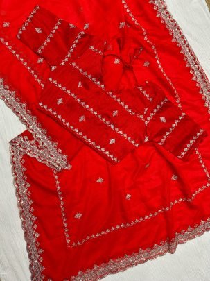 Red Party Wear Embroidery Work Soft Organza Saree